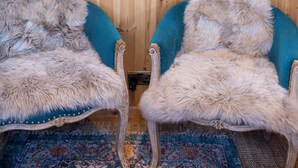 A room with wooden walls, a large window with a view of greenery, two chairs with fur upholstery, and a patterned rug.