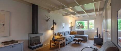 A modern living room with a fireplace, a sofa, a coffee table, and a TV.