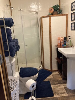 Shower, hair dryer, towels, soap