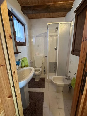 Een douche, een haardroger, een bidet, handdoeken