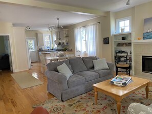Smart TV, fireplace, DVD player, books