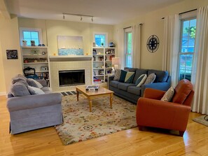 Smart TV, fireplace, DVD player, books