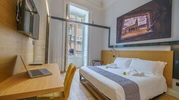 Desk, laptop workspace, blackout drapes, soundproofing