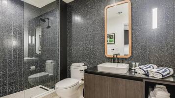 Shower, towels, soap, toilet paper