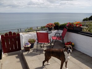 A balcony with a view of the sea, a red gate, and potted plants. - Widows Row Cottage, Historic Harbour Property, Panoramic Sea Views, DOG Friendly (Newcastle)