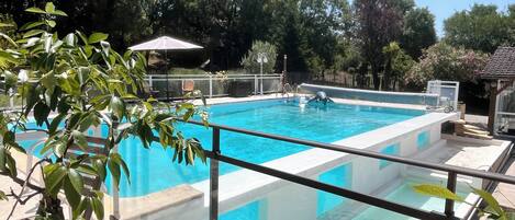 A rectangular swimming pool with a glass barrier, surrounded by trees and a covered seating area.