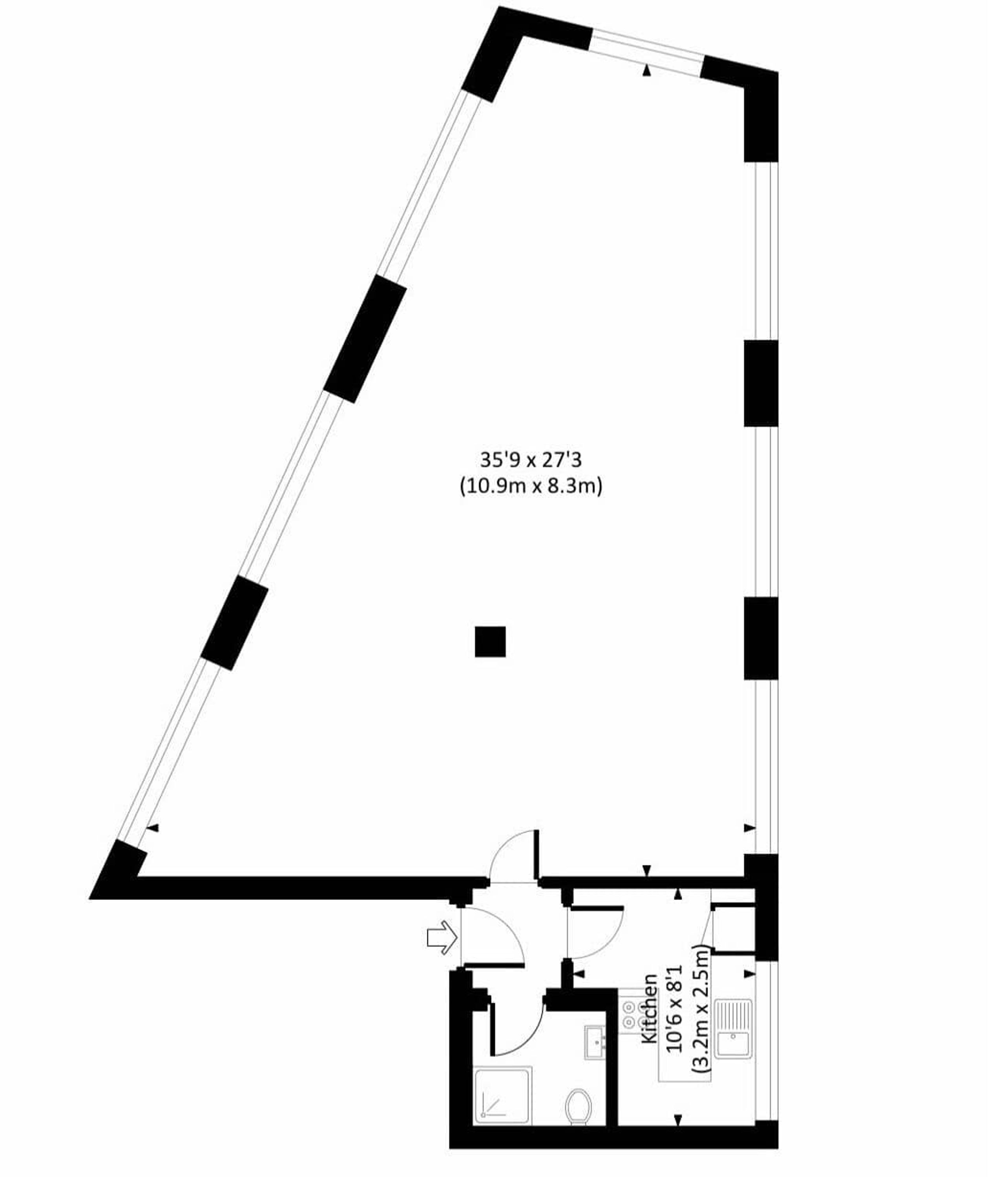 A floor plan of a room measuring 35'9" x 27'3" (10.9m x 8.3m) with a kitchen area measuring 10'8" x 2.5m (3.2m x 2.5m).