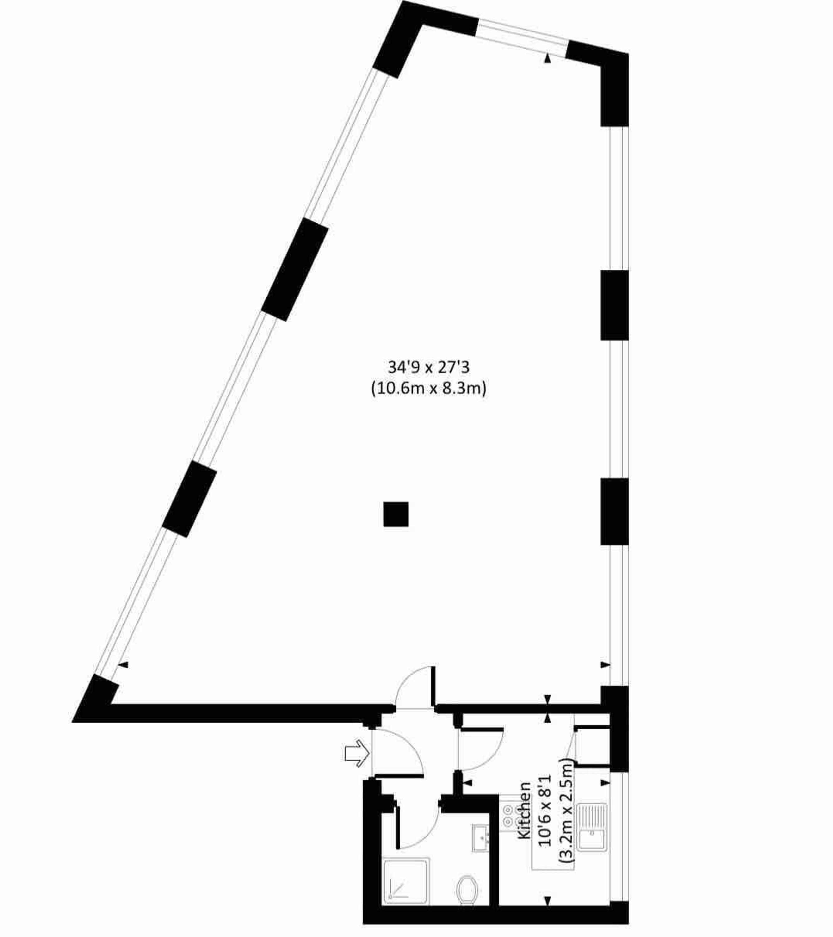 A floor plan with a kitchen measuring 10'6' x 8'1' and a living area of 34'9' x 27'3'.