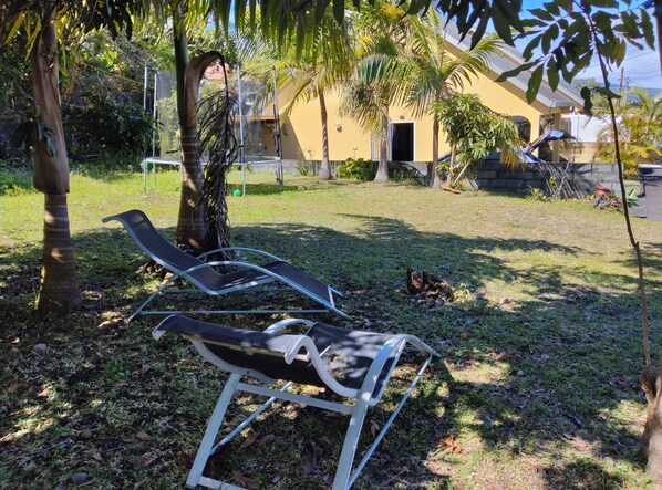 A garden area with two lounge chairs, a small dog, and a yellow building in the background.