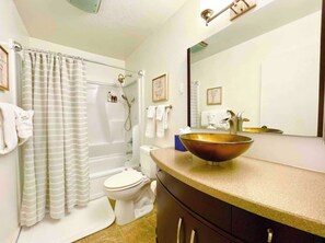 Hair dryer, towels, soap, toilet paper