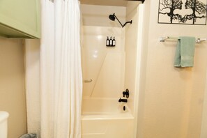 Hair dryer, towels, soap, toilet paper