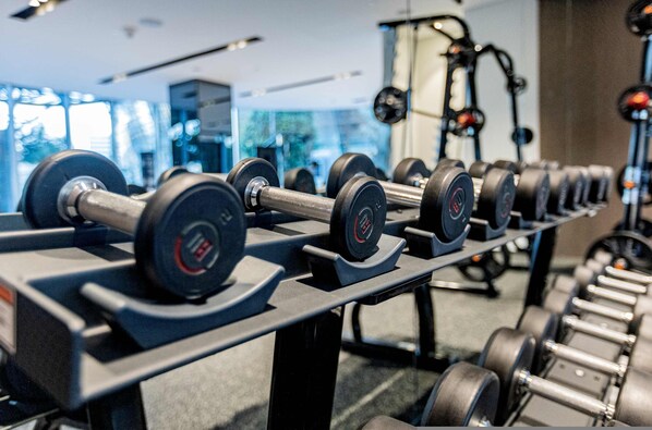 A row of dumbbells on a rack in a gym with exercise equipment in the background.