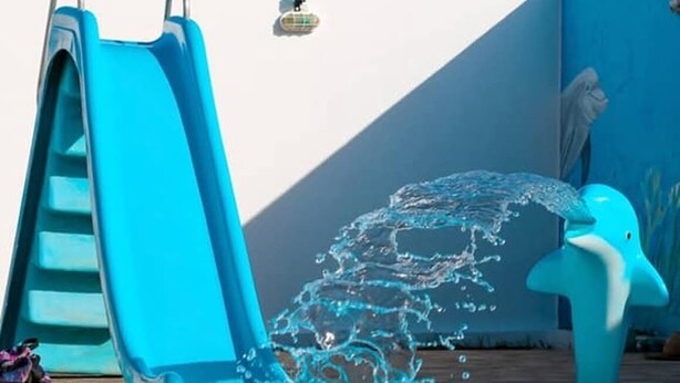 A swimming pool with a blue slide and a dolphin-shaped water feature. - Apartment in Peroba/Maragogi (Barra Grande)