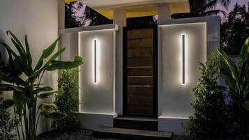 A modern building entrance with a dark door, illuminated vertical light strips, and a small step leading up to it.