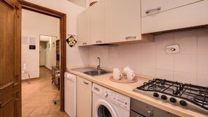 A compact kitchen with a washing machine, a sink, and a gas stove. - Lovely and cosy apartment nearby Navona Square (Roma)