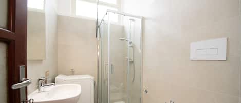 A modern bathroom with a glass shower enclosure, a sink, and a toilet.