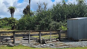 A gravel path leading to a wooden fence with a metal shed in the background. - Margs on The Corner
Home away from home
Nestled on the cycle trail (Kumara)