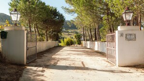 Un camino pavimentado bordeado por árboles y una puerta con un cartel que dice "QUINTA DA MURNALHA".
