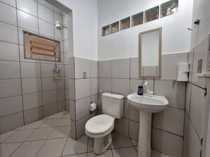 Hair dryer, towels, soap, toilet paper