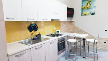 Fridge, oven, stovetop, coffee/tea maker