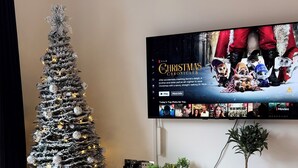 Una sala de estar con un árbol de Navidad, un televisor de pantalla plana, un mueble blanco para equipos electrónicos y una planta en maceta.