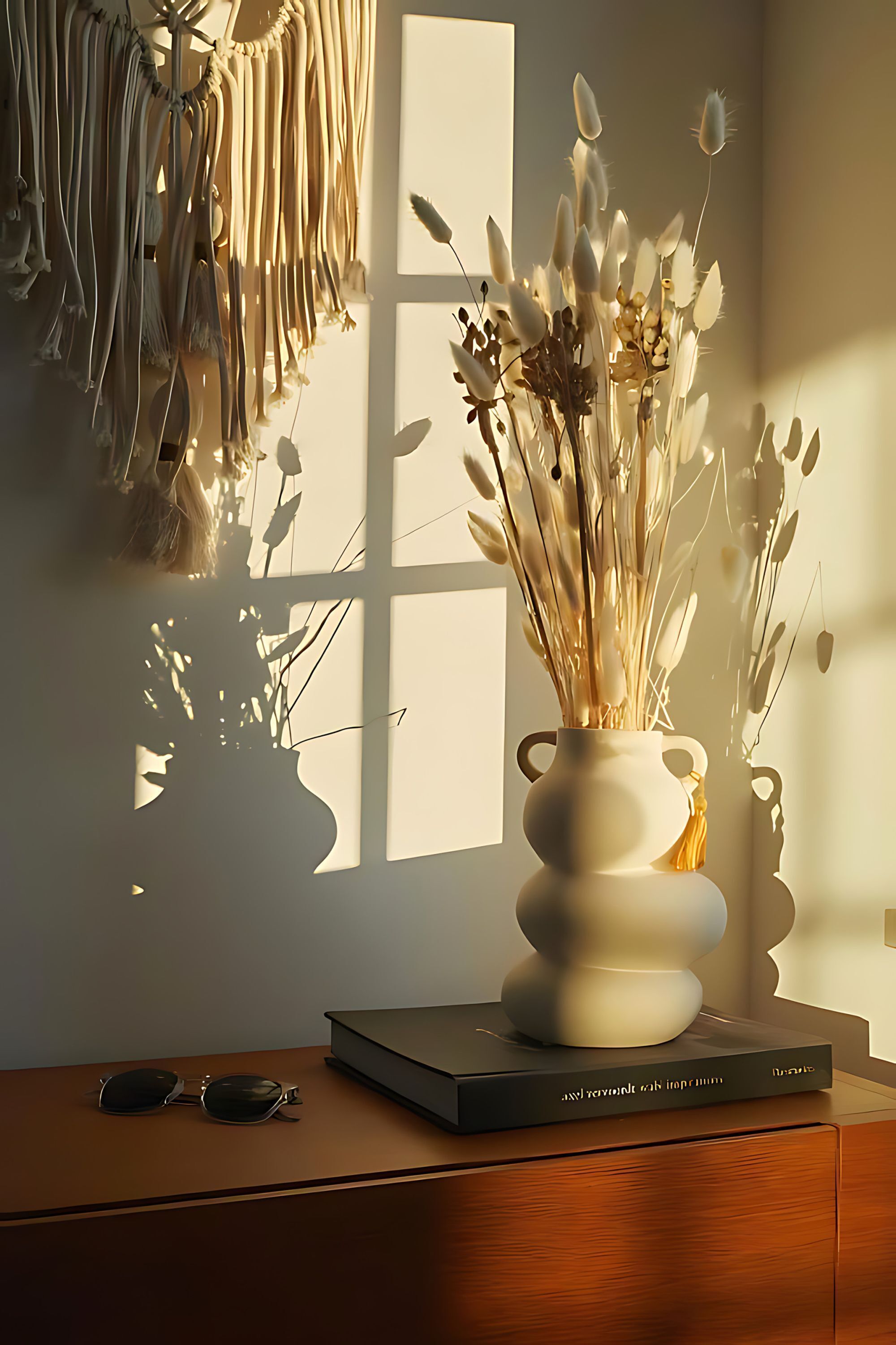 A vase with dried plants on a wooden surface next to a book and sunglasses.