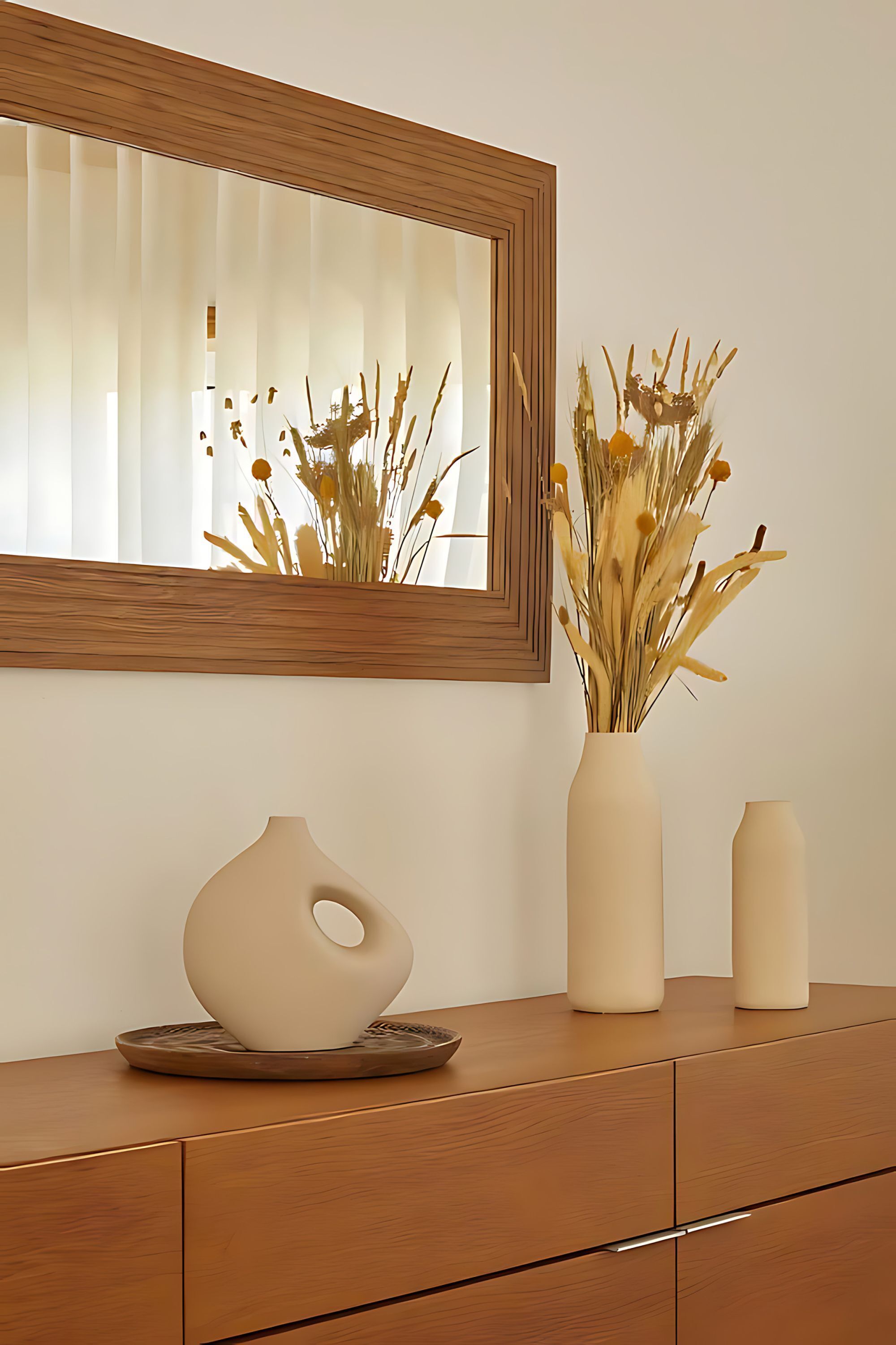 A wooden dresser with a vase of dried plants and a modern lamp.