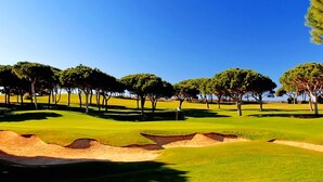 Campo de golf con bunkers de arena, árboles y un cielo azul despejado.