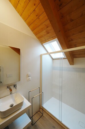 Douche, sèche-cheveux, serviettes fournies, savon