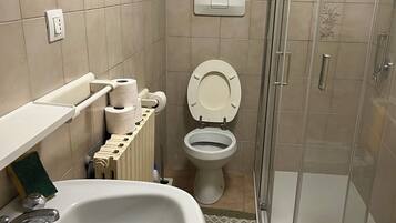 Chuveiro, bidê, toalhas de banho, sabonete