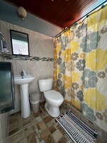 A bathroom with a sink, toilet, and shower curtain.