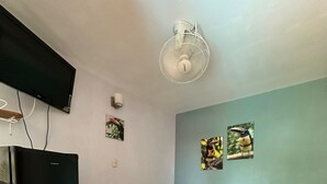 Un dormitorio con una cama, televisión y ventilador de techo.