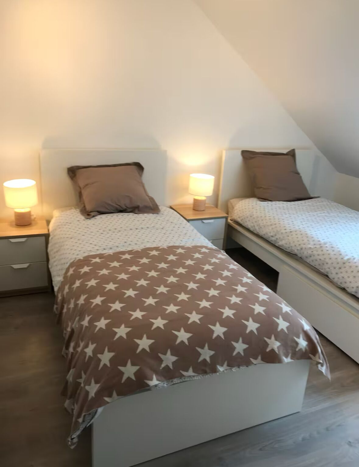 Een slaapkamer met twee bedden, elk met een nachtkastje en lamp.