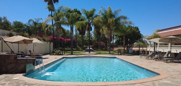 Una piscina al aire libre, sombrillas, sillones reclinables de piscina