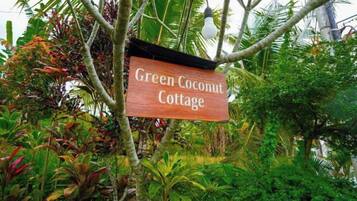 A wooden sign with the text 'Green Coconut Cottage' amidst lush tropical vegetation.