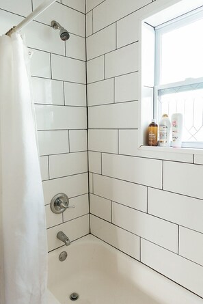 Hair dryer, towels, soap, shampoo