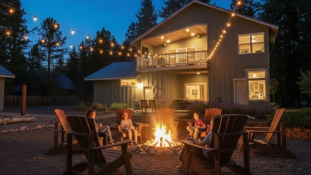 Een tweelaags huis met een terras, een buitenzitgedeelte met stoelen en een vuurkorf.