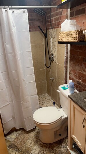 Shower, hair dryer, towels, toilet paper