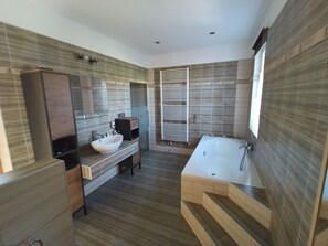 Shower, towels, soap, toilet paper