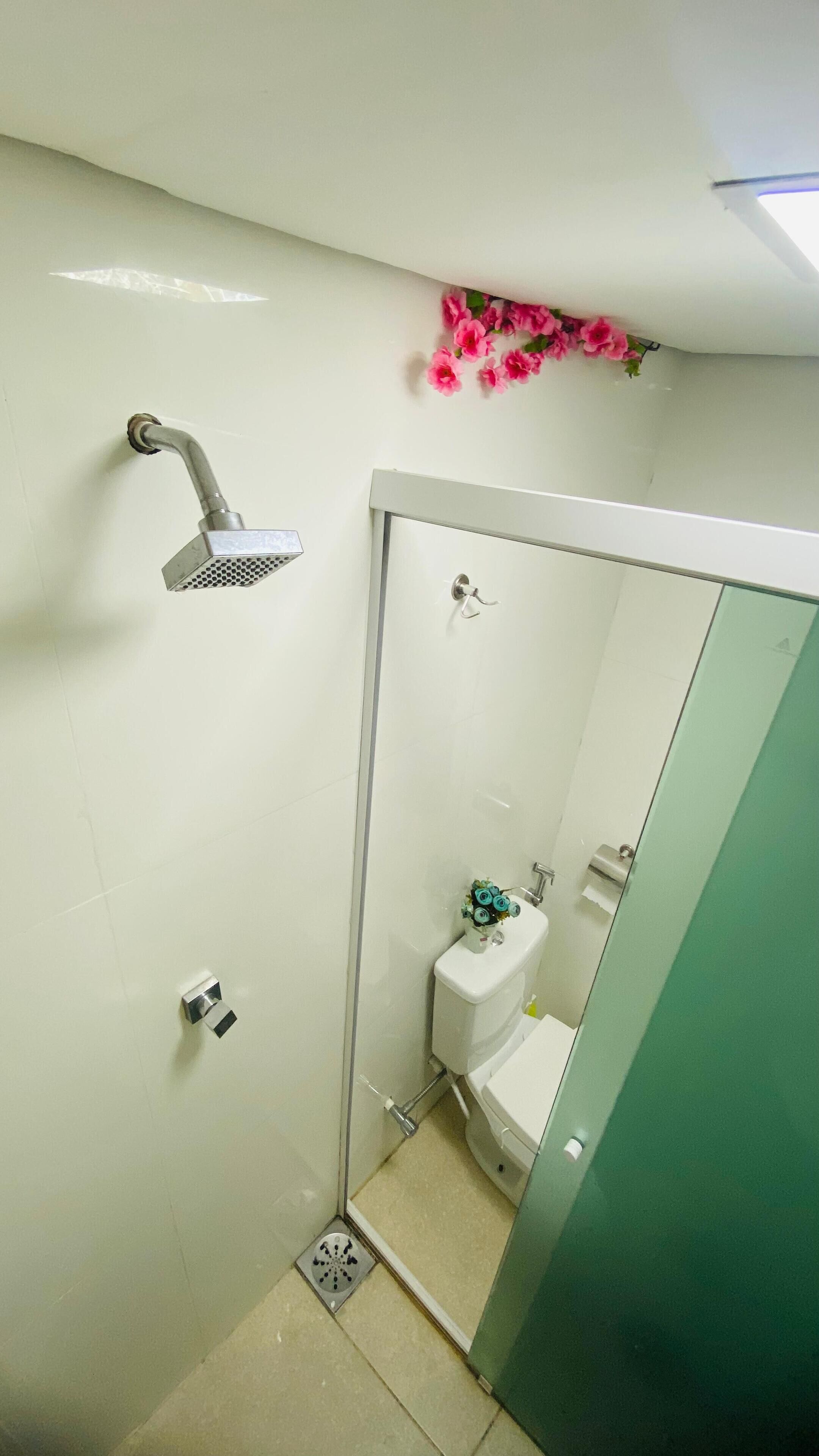 Douche, serviettes fournies, savon, papier toilette