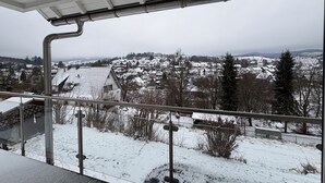 Schneebedeckte Landschaft mit Blick auf eine Stadt und Häuser.