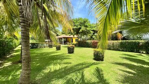 A well-maintained garden with a gazebo, palm trees, and neatly trimmed hedges.