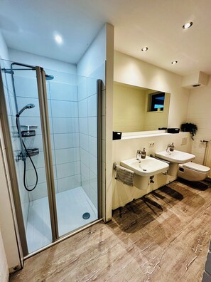 Shower, hair dryer, towels, soap