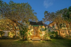 A traditional house with a wooden door, steps leading to the entrance, and a garden with various plants.