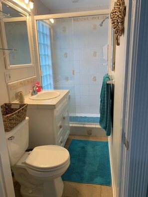 Shower, hair dryer, towels, soap