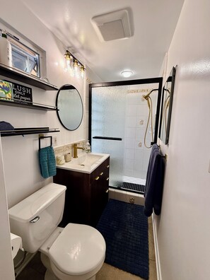 Shower, hair dryer, towels, soap