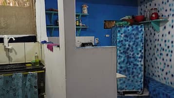 Full-sized fridge, blender, cookware/dishes/utensils, cleaning supplies