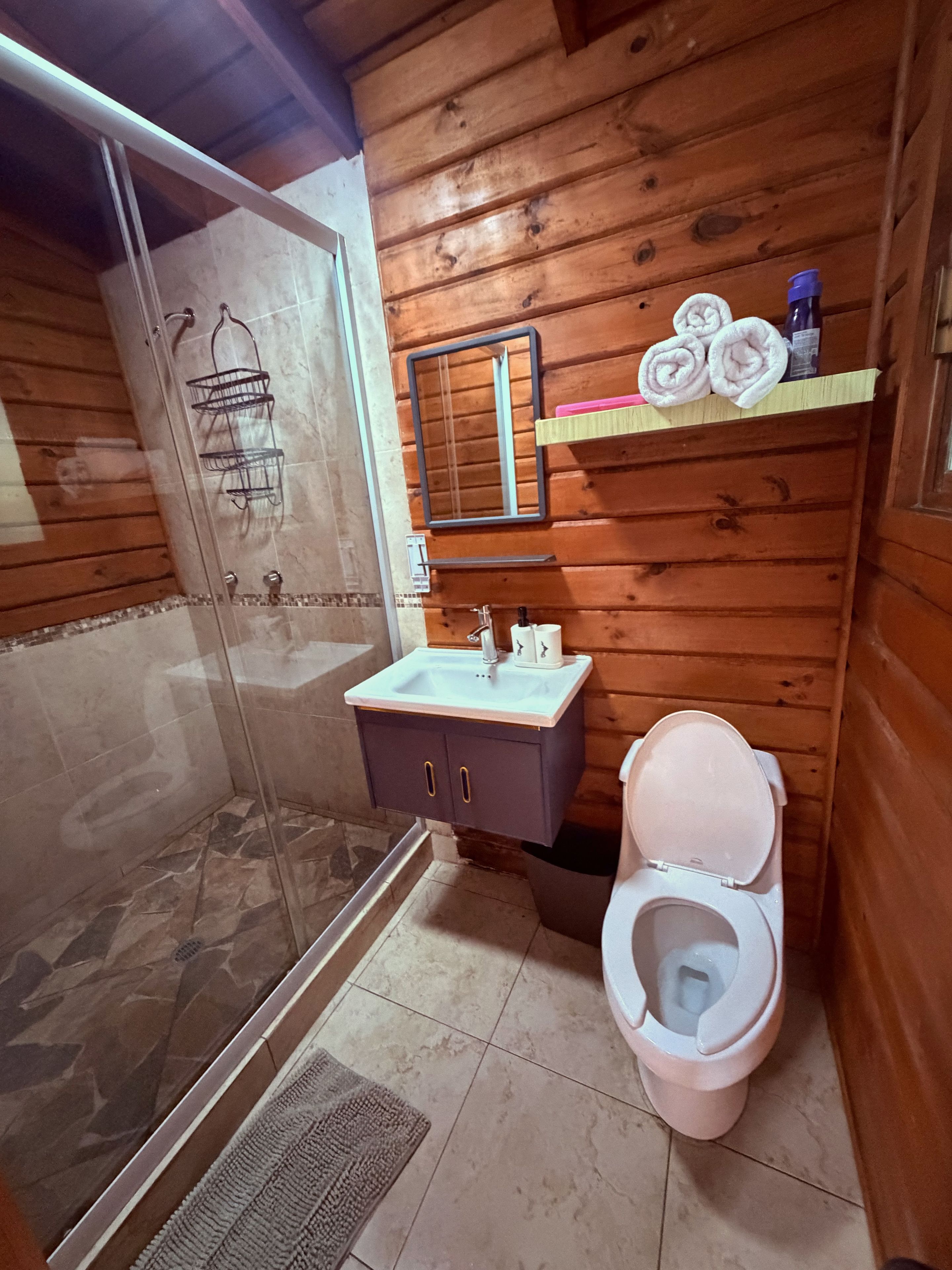 A bathroom with a shower, toilet, sink, and wooden walls.