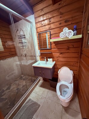 A bathroom with a shower, toilet, sink, and wooden walls.