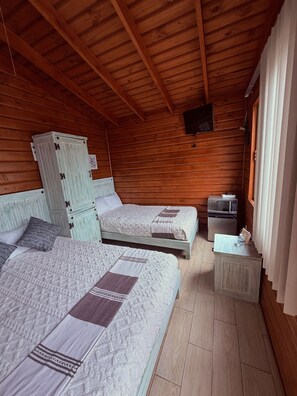 A cabin-style room with two beds, a small kitchenette, and a television mounted on the wall.